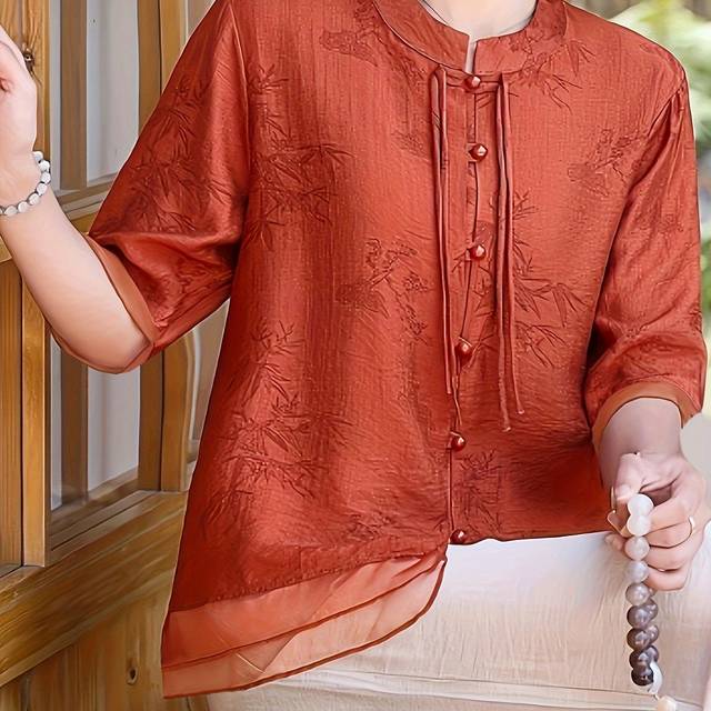 TEMU Women's Floral Print Short Sleeve Blouse - Elegant Stand Collar, Lightweight Polyester With Sheer Detailing, Summer , Floral Print Blous