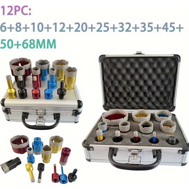 TEMU 12pc Diamond Core Drill Bit Set For Marble, Ceramic, Granite, Stone & Concrete - Metal Hole Saws With Non-electric Manual Use - Sizes 6mm-68mm With M14 Threaded Connection & Adapter