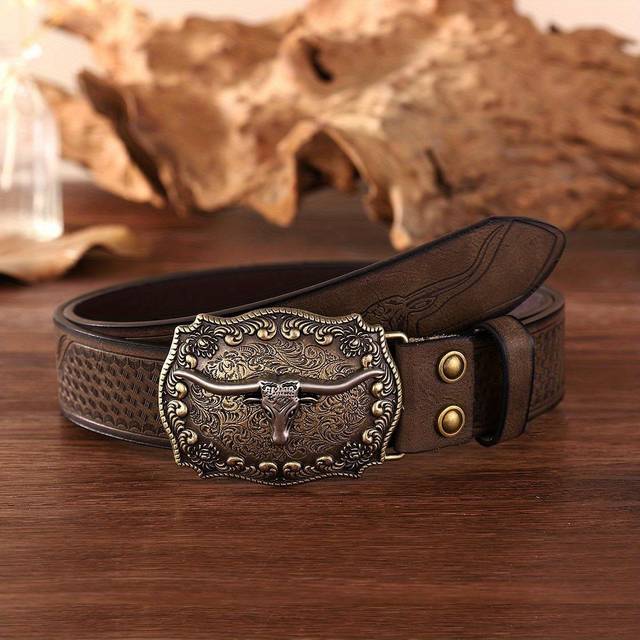 TEMU Men' Western Cowboy Belt With Embossed Detail And Unique - Fashionable Leather, Embroidery , Casual