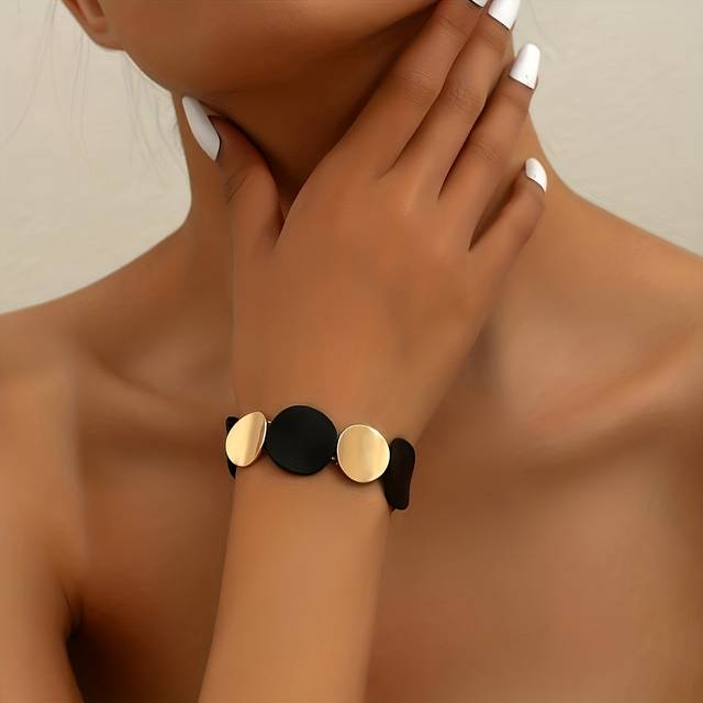 TEMU A Round Metal Bracelet Featuring A Black And Golden Color , European And .