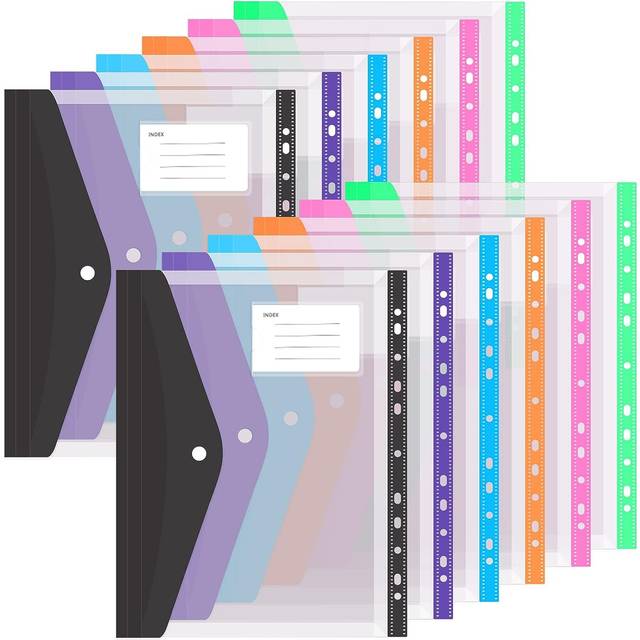 TEMU 12pcs A4 Binder Pocket Plastic Envelopes Binder Folders, 11 Holes Expandable Binder Folders For 2/3/4 Ring Document Pouch With Snap Button & Label Loose-leaf Transparent For Office School Home