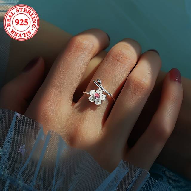 TEMU Elegant Cherry Adjustable Ring - 925 Sterling Silvery With Sparkling Zirconia, Everyday & Vacation Wear