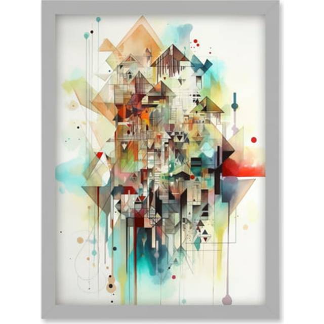 Abstract Geometric Fractal Shapes Modern Watercolour Painting Artwork Framed Wall Art Print A4 - Grey - One Size