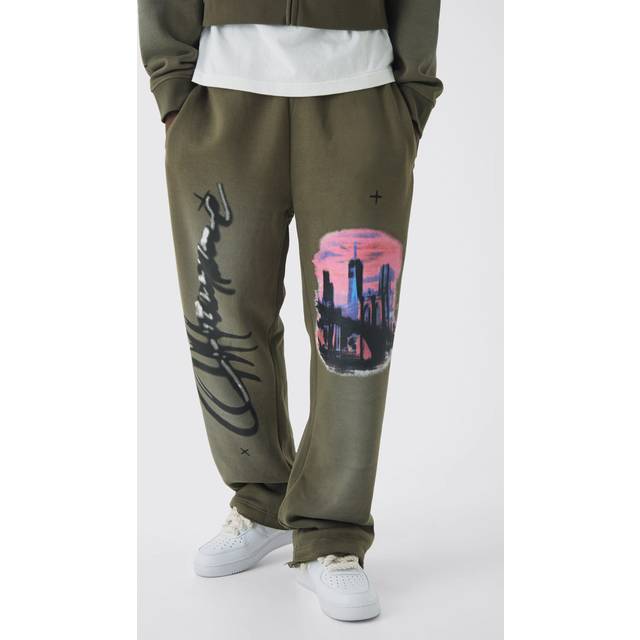 Mens Khaki Relaxed Fit Flare Graphic Distressed Brushback Joggers