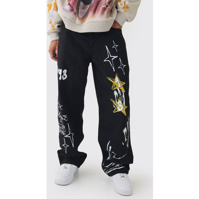 Baggy Rigid Graffiti Printed Jeans - Black - 28R