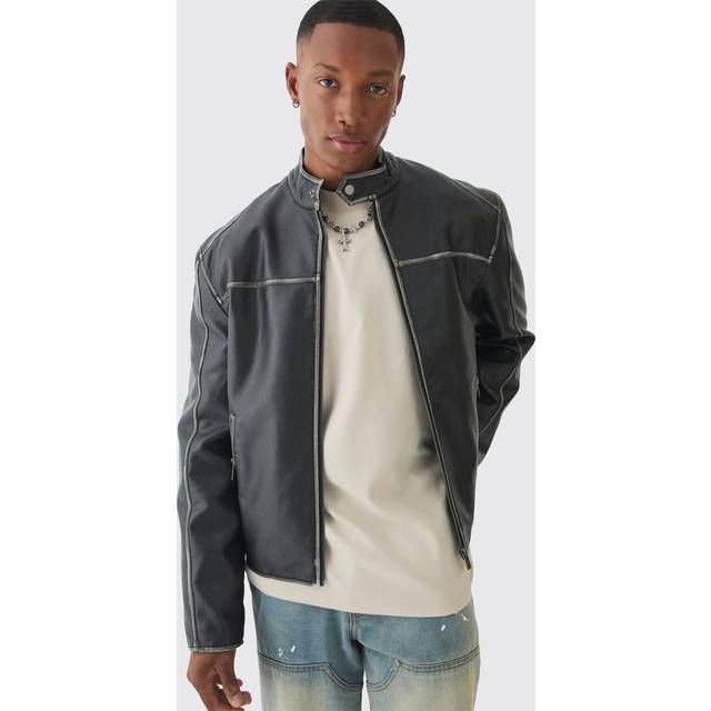 Mens Washed Seam PU Biker Jacket In Black