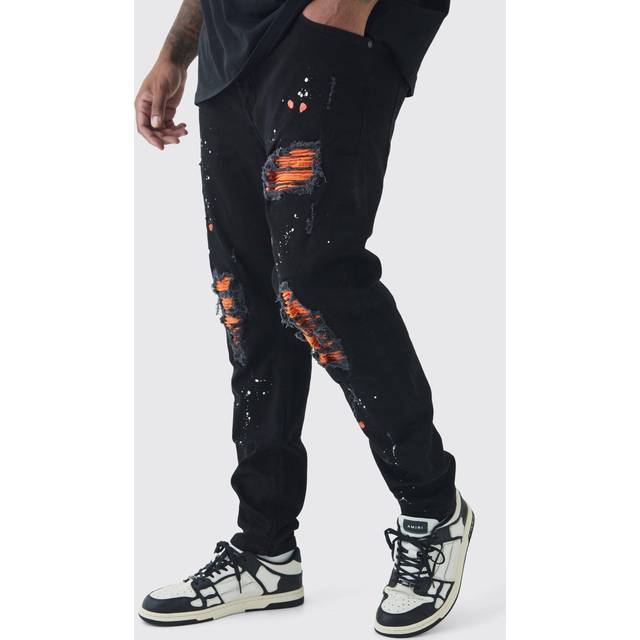 Mens Black Plus Super Skinny Stretch Biker Rip & Repair Paint Splat Jeans