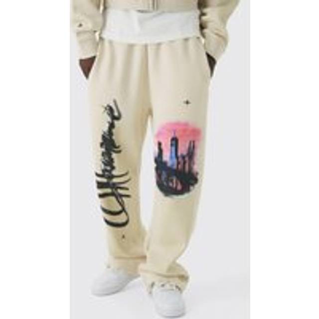 Relaxed Fit Flare Graphic Distressed Brushback Joggers - Beige - L