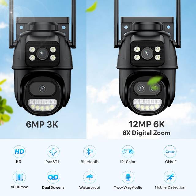 12MP 6K PTZ Wifi Camera 8X Digital Zoom Outdoor Dual Screens Wifi Surveillance Camera Night Vision CCTV IP Security Camera ICSEE 6MP 3K Camera