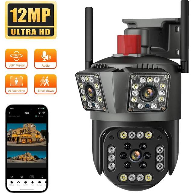 Ultra HD 6K 12MP WiFi PTZ IP Camera Three Screens Security Protection Motion Human Detection Outdoor IP CCTV Survalance Smart Home 12MP No Card
