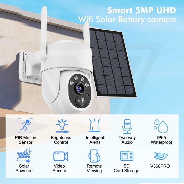 5MP IP Solar Power WiFi Camera PTZ Outdoor IP66 Waterproof 8000mAh Built-in Battery Surveillance Cam PIR Human Detection 5X Zoo 5MP 1PCS NO SD Card
