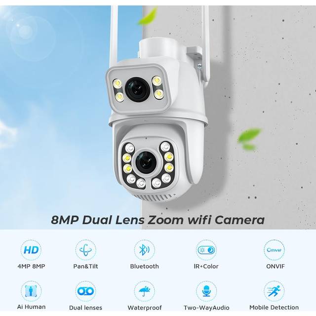 8MP 4K WIFI Camera Outdoor Dual Lens PTZ IP Camera 30M Night Vision CCTV Surveillance Camera Audio Auto Tracking ICSEE 4MP NO SD Card