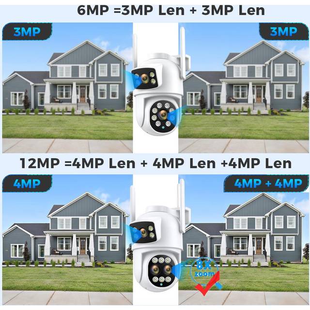 12MP 6K WiFi IP Camera Outdoor 8X Zoom Dual Screens 6MP PTZ Wifi Surveillance Camera Night Vision ICSEE APP CAM Human Detection 6MP 3K Camera