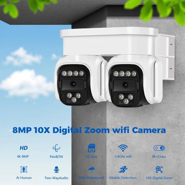 Dual Wifi Camera PTZ Outdoor 10X Digital Zoom Color Night Vision Security Protection IP Camera Auto Tracking iCam365 App 4MP NO SD Card