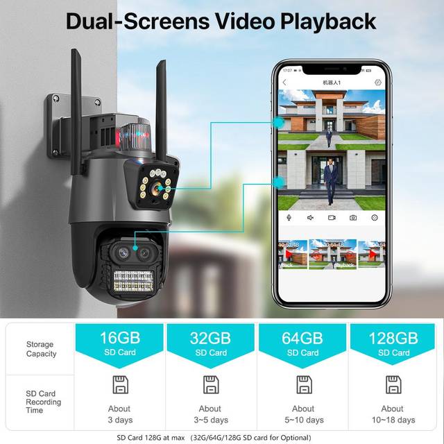 Outdoor PTZ Camera 9MP 4K HD 8X Hybrid Zoom Three Lens Dual Screen Wifi IP Camera 4MP Police Light Alarm CCTV Surveillance iCSee 4MP NO SD Card