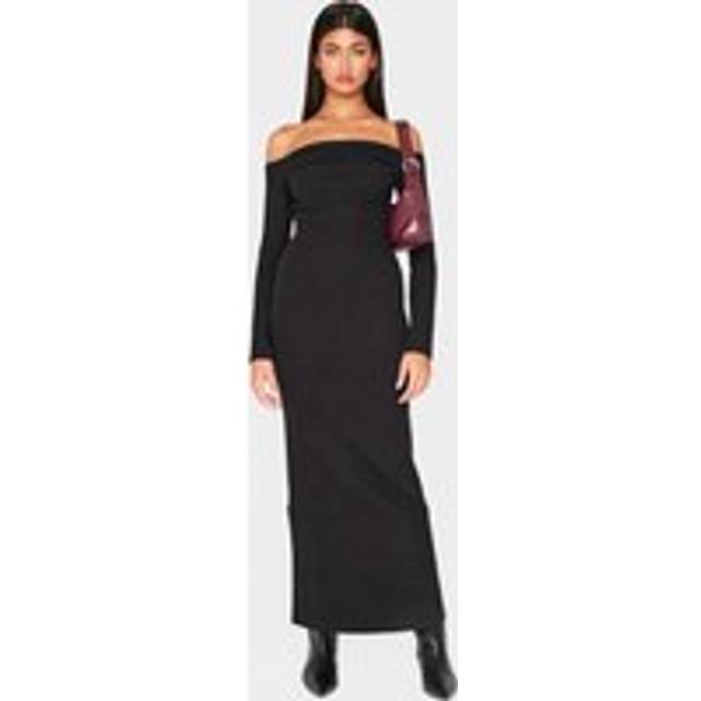 Black Heavy Rib Bardot Long Sleeve Maxi Dress, Black - 14
