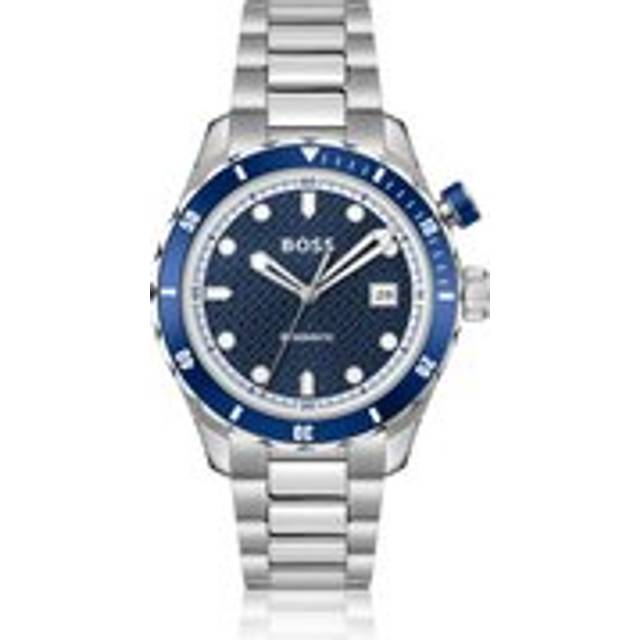 Silver-tone automatic watch with blue monogram-textured dial