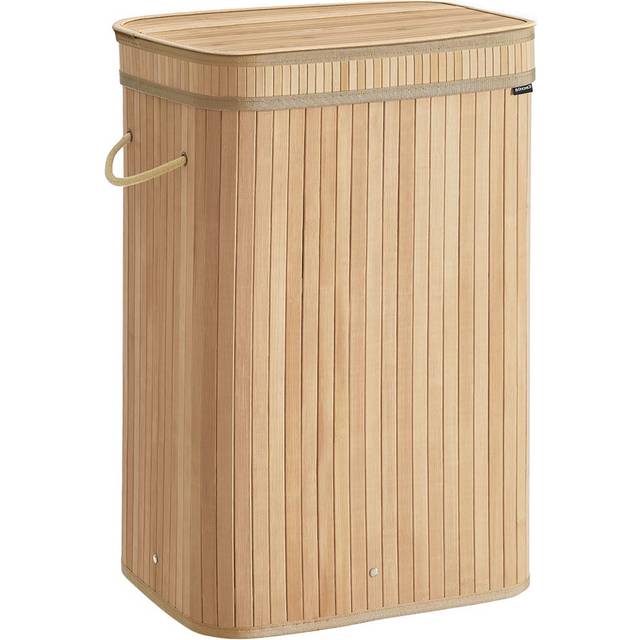 SONGMICS tvättkorg med lock, bambu tvättkorg, avtagbar och maskintvättbar tvättpåse, med handtag, 72 liter, för tvättstuga, sovrum, vardagsrum, naturbeige LCB061N01