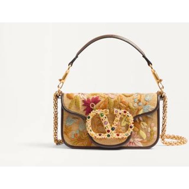 Valentino Garavani, Handbags, female, Beige, ONE SIZE, Floral VLogo Embroidered Silk Leather Bag
