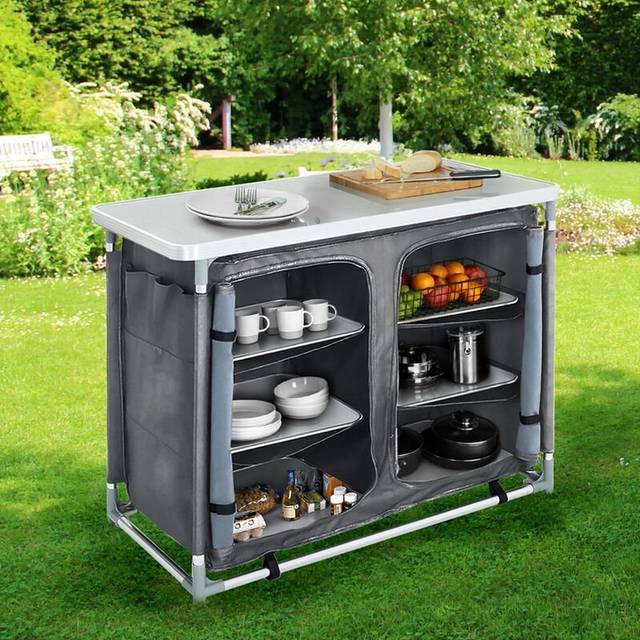 Foldable Camping Kitchen Storage Cabinet with Tabletop - Grey