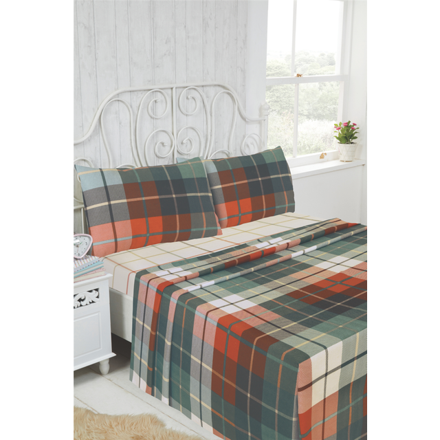 Serene Lomond King Size Terracotta Brushed Cotton Check Flannelette Fitted Bed Sheet - Multi