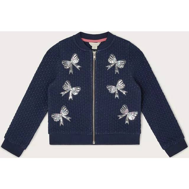 Monsoon Kids' Embellished Sequin Bow Bomber Jacket, Navy