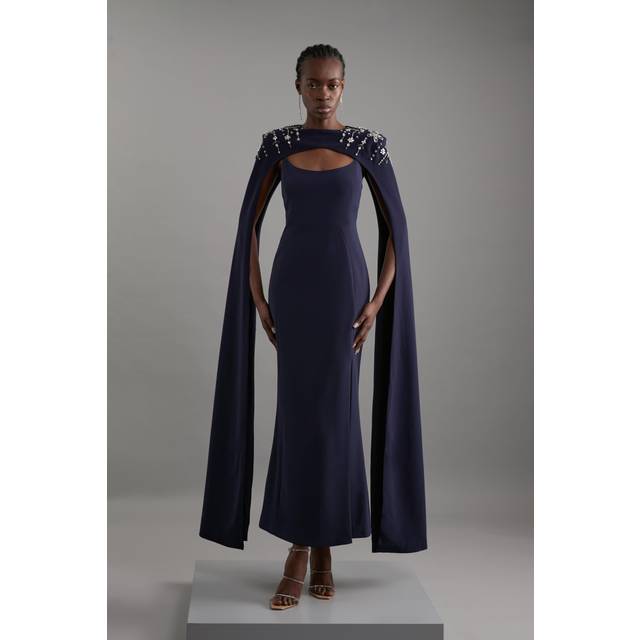 Crystal Embellished Viscose Crepe Maxi Dress With Detachable Cape - Navy