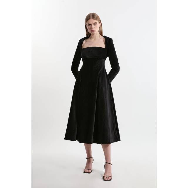 Velvet Tailored Pleat Full Skirted Midaxi Dress - Black