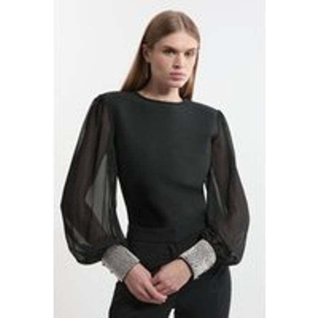 Figure Form Bandage Knit Embellished And Chiffon Sleeve Top - Black