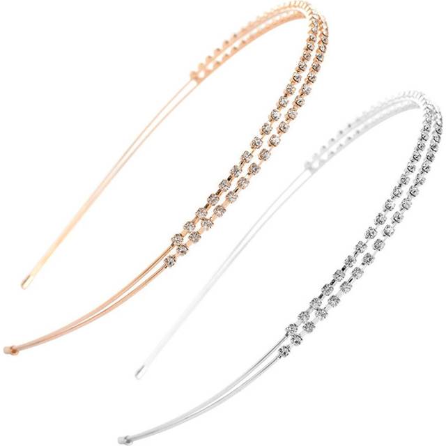 2 Pieces Metal Double Headband Fashion Double Row Headbands Fine Encrusted Rhinestone Alloy Headbands Hair Hairband Hair Loop Headband Acces