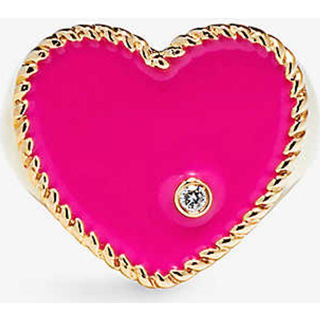 Yvonne Leon Womens 9k Yg Pink Chevaliere Coeur 9ct Yellow-gold, 0.02ct Diamond and Enamel Signet Ring 47mm