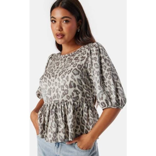 BUBBLEROOM Round Neck Puff Sleeve Blouse  Leopard XS