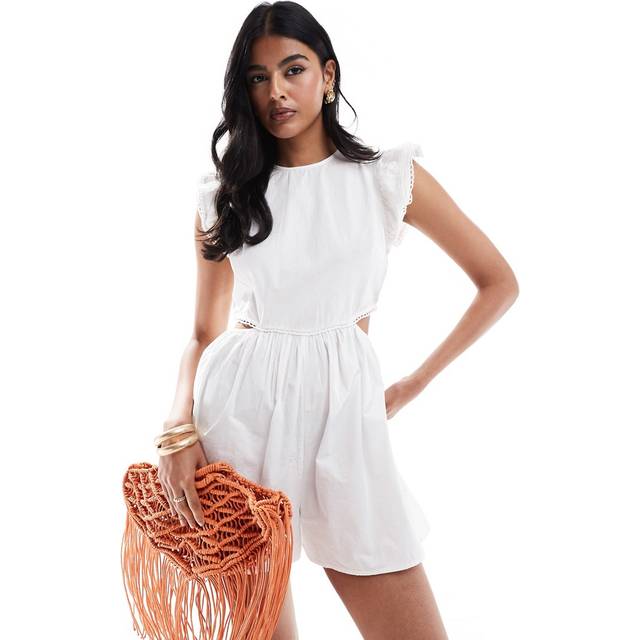 ASOS DESIGN – Vit playsuit med utskuren midja och volangärmar-Vit/a