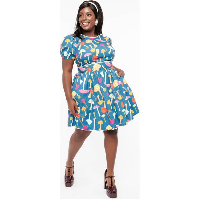 Smak Parlour Plus Size 1960S Navy.& Rainbow Mushroom Open Back Flare Dress - Navy Blue - 2X/18