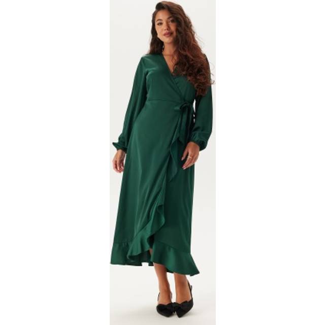 Happy Holly Wrap L/S Satin Maxi Dress Dark green 32/34