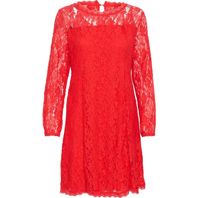 Cream, Short Dresses, female, Red, XS, Lace Dress with Puff Sleeves