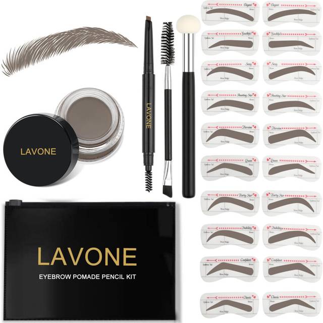 LAVONE Eyebrow Stamp Stencil Kit for Eyebrow  Brow Stamp Trio Kit with Waterproof Eyebrow Pencil  Eyebrow Pomade 20 Eyebrow Stencils Dual-en