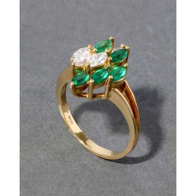 Alexis Bittar Vintage 1960S 18K Staggered Emerald & Diamond Modernist Band Ring in Gold Size 6.5  | Statement Jewelry from Alexis Bittar (6.5)