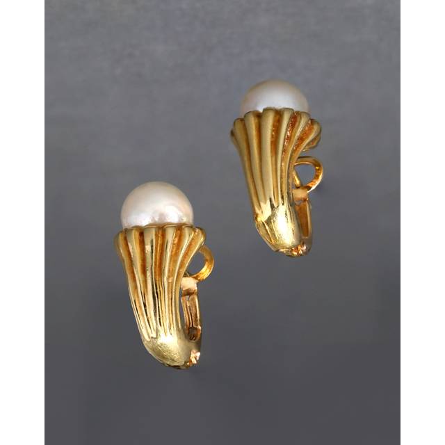 Alexis Bittar Vintage 18K Cultured Pearl Ribbed Earrings With French Clip in Gold | Statement Jewelry from Alexis Bittar (One Size)