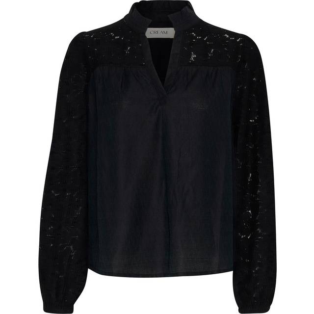Cream, Blouses, female, Black, M, Elegant Lace Blouse with Puff Sleeves