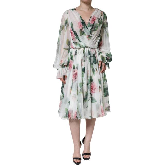 White Silk Floral Print A-line Midi Dress - IT50|3XL