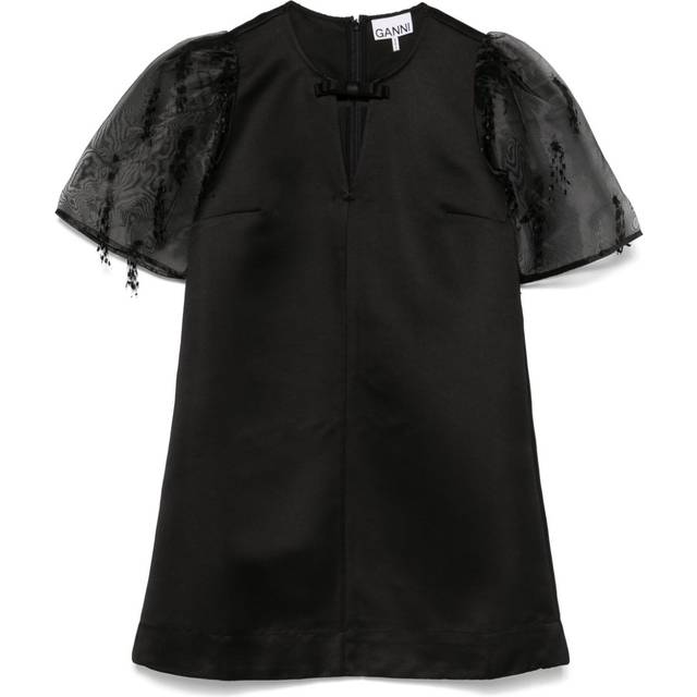 GANNI - fringed organza mini dress - women - Recycled Polyester - 36 - Black
