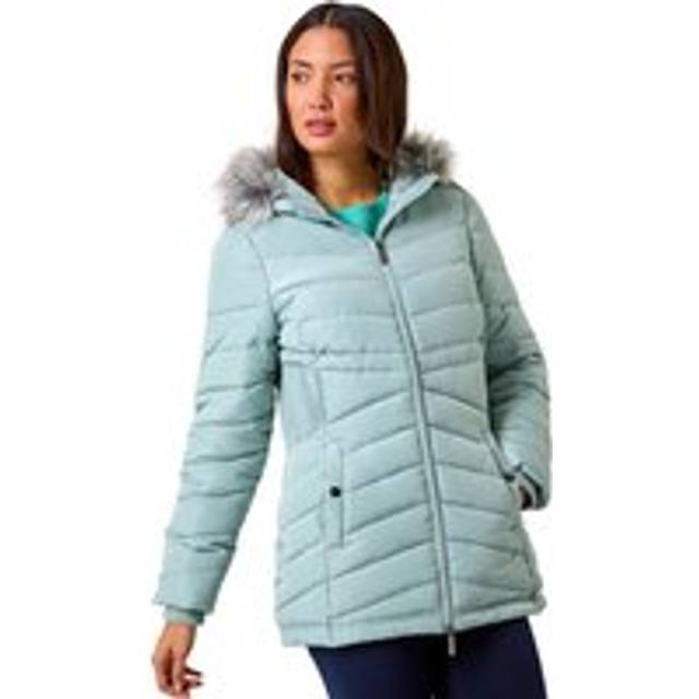 Faux Fur Hooded Quilt Coat - Sage - 16