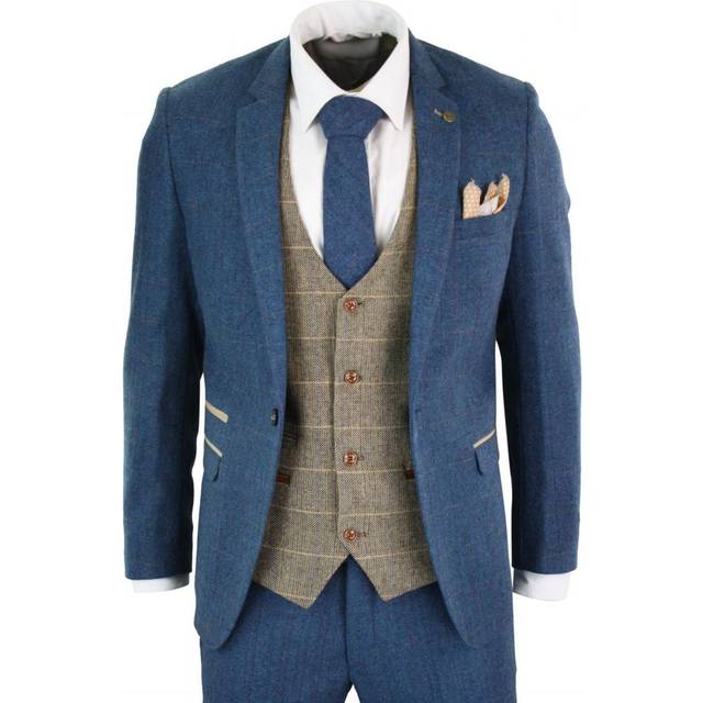 (42) Mens 3 Piece Blue Tweed Vintage Suit