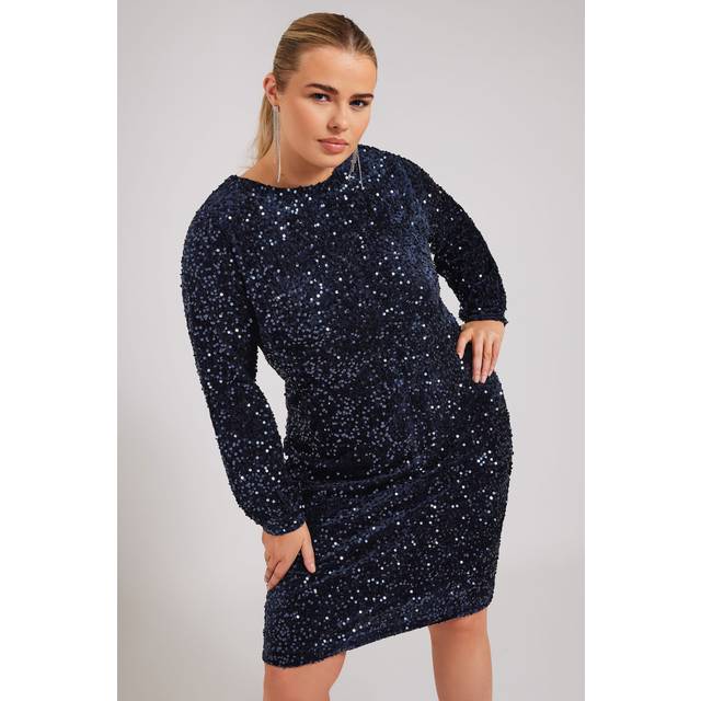 Yours London Curve Navy Blue Sequin Velvet Shift Dress, Women's Curve & Plus Size, Yours London - 30-32