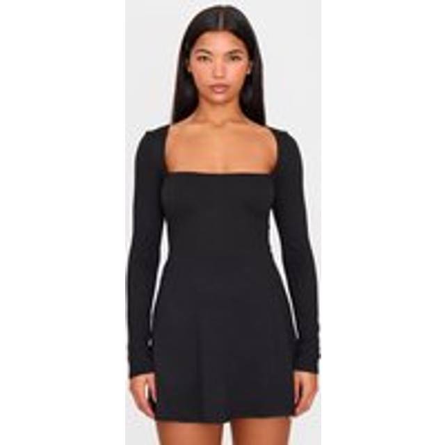 Black Double Contour Square Neck Long Sleeve Bodycon Dress, Black - 4