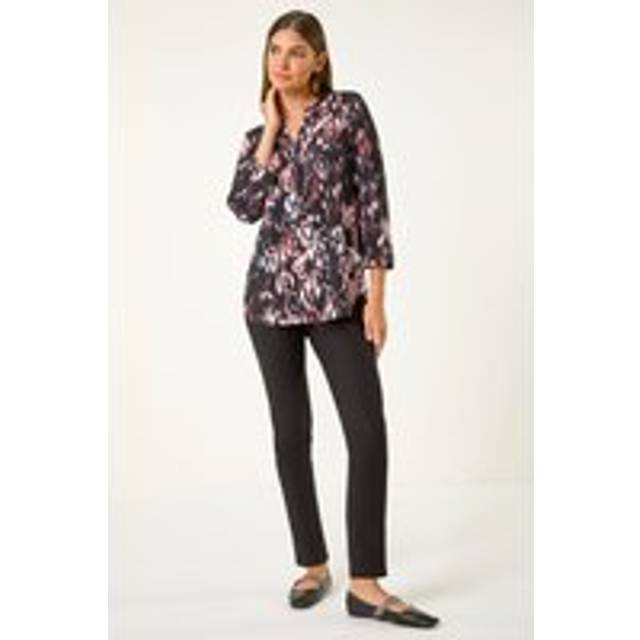 Textured Abstract Print V-Neck Stretch Top - Dark Brown - 18