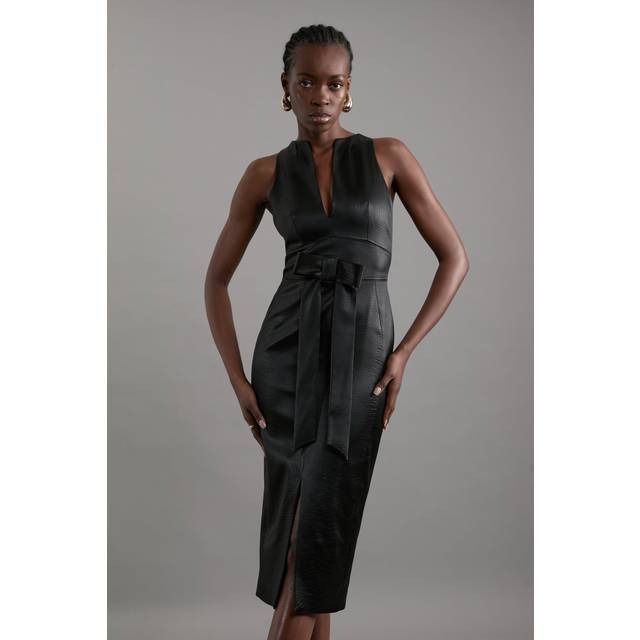 Italian Structured Satin Bow Detail Tailored Midi Dress - Black