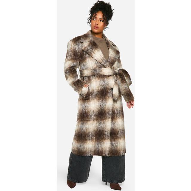 Womens Plus Check Oversized Wool Look Coat - Brown - 16, Brown