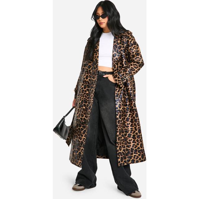 Womens Petite Leopard Faux Leather Trench Coat - Multi - 6, Multi